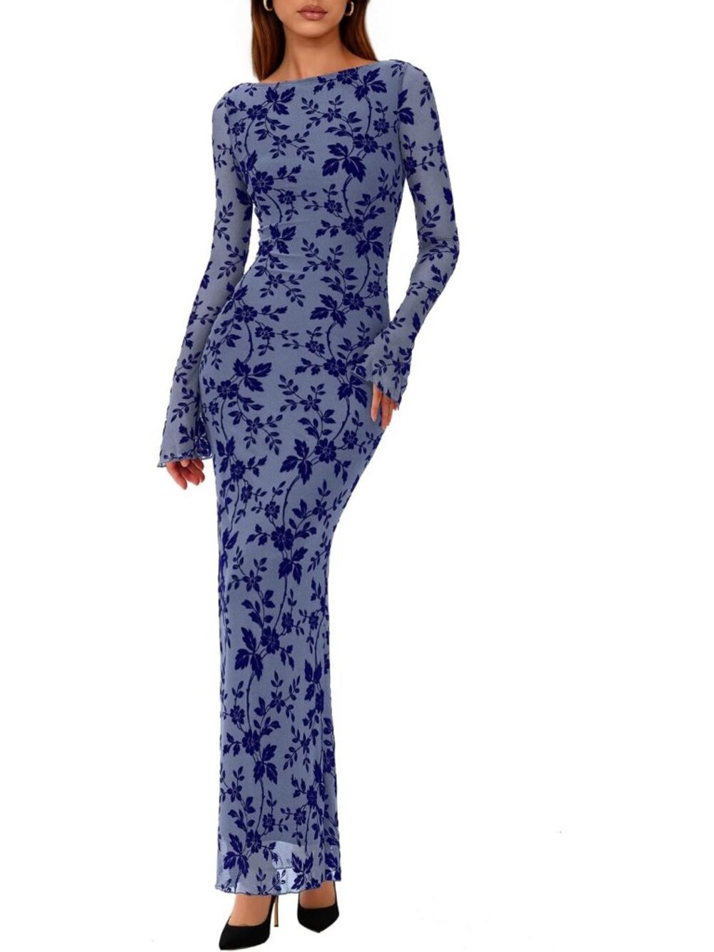 Women's Dusty Blue Slim Fitted Boat Neck Long Sleeves Floral Bodycon Maxi Dress